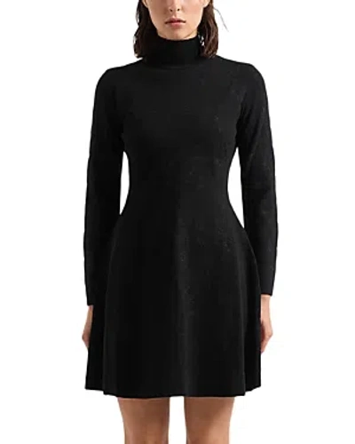 Emporio Armani Floral Embroidered Mock Neck Knit Dress In Solid Black