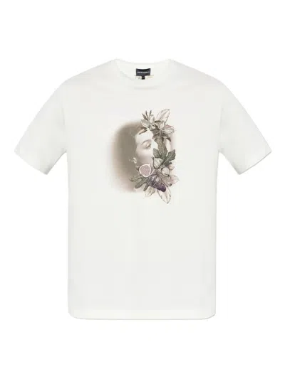 Emporio Armani Floral-embroidered Portrait T-shirt In White