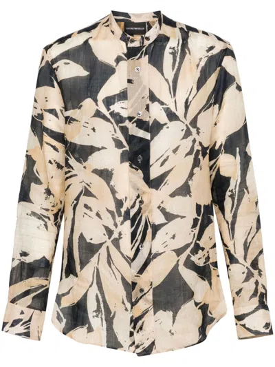 Emporio Armani Floral Print Long Sleeve Shirt For Men In Beige In Multi