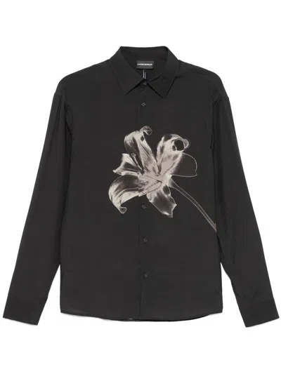 Emporio Armani Asv Lyocell Blend Shirt With Lily Print In Bristol Black/ Roast