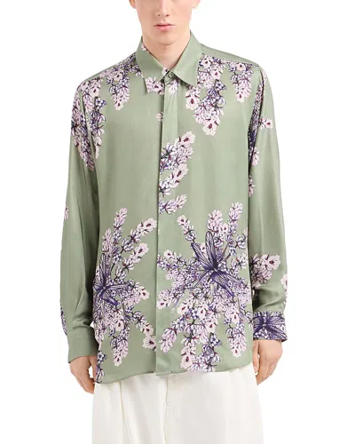 Emporio Armani Floral Print Silk Regular Fit Button Down Shirt In Green Flor