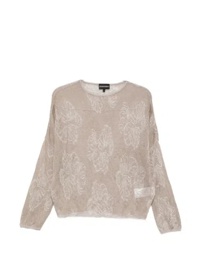 Emporio Armani Crewneck Sweater Floral Motif Sheer Knit In Neutral