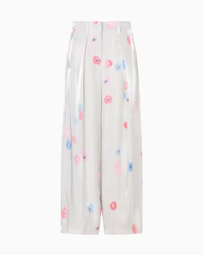 Emporio Armani Fluid Viscose Trousers With Pleats And All-over Floral Print In White