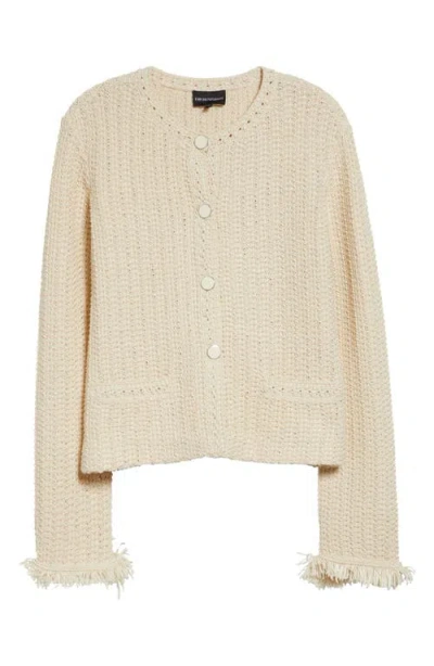 Emporio Armani Fringe Cotton Blend Cardigan In Neutral