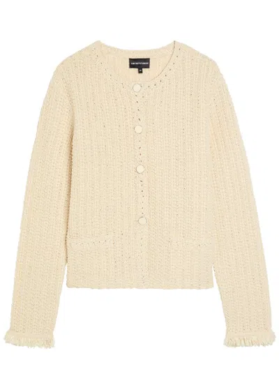 Emporio Armani Fringed Cotton-blend Crochet Cardigan In Neutral