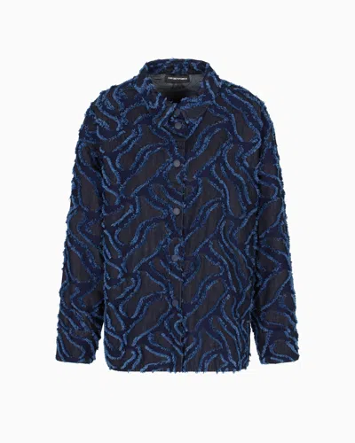 Emporio Armani Fringed Embossed-motif Jacquard Denim Shirt Jacket In Blue