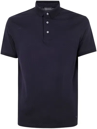 Emporio Armani Collared Polo Shirt In Textured Fabric In Blue