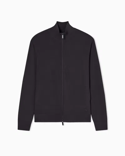 Emporio Armani Full Zip Chevron Stitch Cardigan In Viscose Blend Icon Asv In Blue