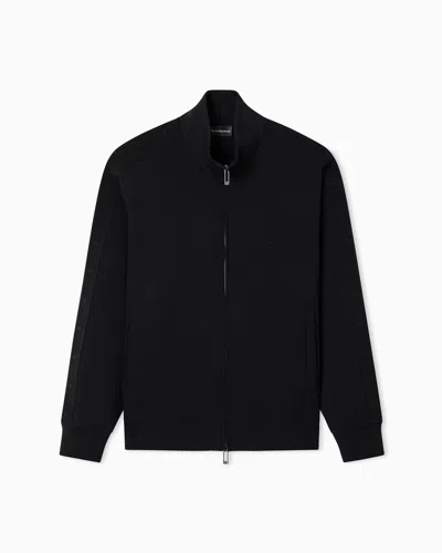 Emporio Armani Full-zip Sweatshirt In Double Jersey With Micro-eagle Band In Black