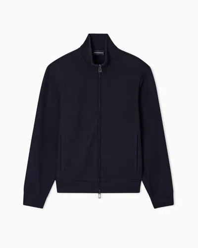 Emporio Armani Full-zip Sweatshirt In A Lyocell-blend Interlock Jersey With Jacquard Lettering In Black