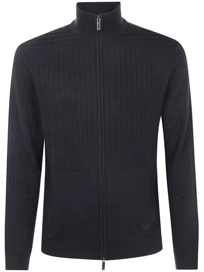 Emporio Armani Grid-pattern Zip-up Cardigan In Blue