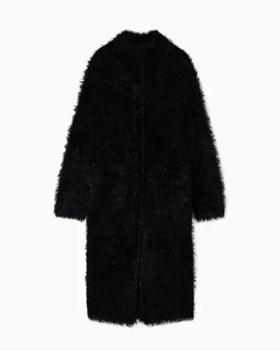 Emporio Armani Fur-effect Knit Oversized Coat In Black