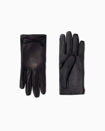 Emporio Armani Gants En Cuir Lisse Avec Nœud Brodé Et Doublure En Soie In Noir