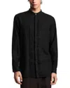 Emporio Armani Garment Dyed Linen Guru Collar Regular Fit Button Down Shirt In Black