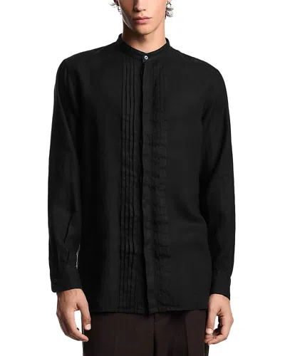 Emporio Armani Garment Dyed Linen Guru Collar Regular Fit Button Down Shirt In Black