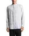 Emporio Armani Garment Dyed Linen Guru Collar Regular Fit Button Down Shirt In Gray