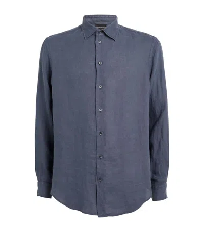Emporio Armani Garment-dyed Linen Shirt In Blue