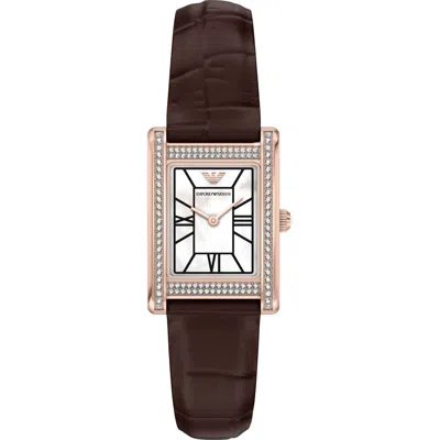 Emporio Armani Genni Mother-of-pearl Leather Strap Tank Watch, 22mm X 32mm In Brown