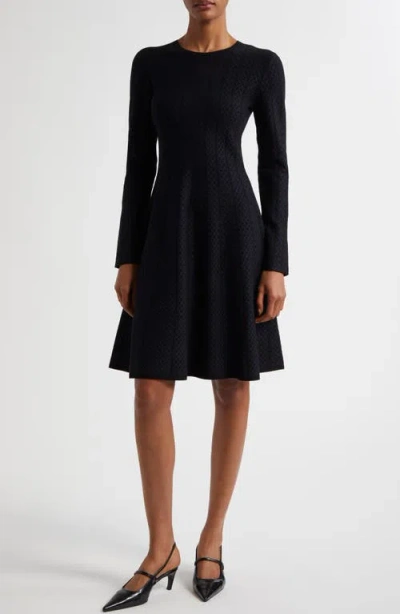 Emporio Armani Geo Jacquard Stripe Long Sleeve Fit & Flare Jersey Dress In Solid Black