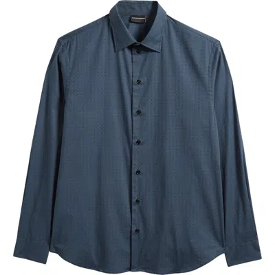 Emporio Armani Geo Print Stretch Cotton Poplin Button-up Shirt In Solid Black