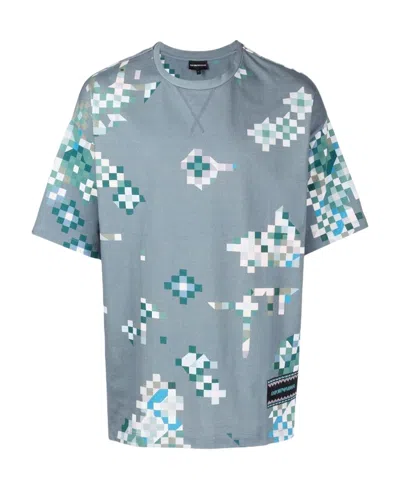 Emporio Armani Geometric-print Cotton T-shirt In Blue