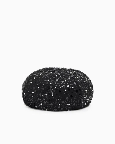 Emporio Armani Georgette Beret With Beads And Sequins In Black