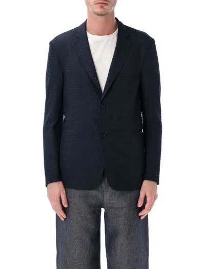 Emporio Armani Giacca Monopetto In Seersucker Tecnico Con Scollo Rever In Blue