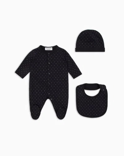 Emporio Armani Kids' Gift Set Of An All-over Op-art Eagle Onesie, Bib And Beanie In Blue