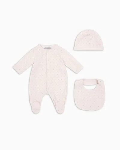 Emporio Armani Kids' Gift Set Of An All-over Op-art Eagle Onesie, Bib And Beanie In Pink