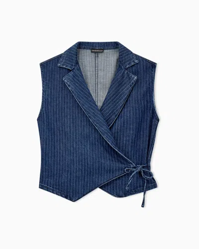 Emporio Armani Gilet Croisé En Denim À Rayures Fines Avec Lien À Nouer In Blue