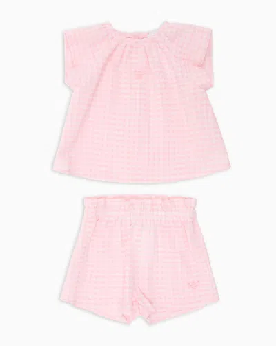 Emporio Armani Kids' Gingham Cotton Seersucker Blouse And Shorts Set In Pink