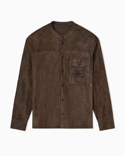 Emporio Armani Goat Suede Shirt Jacket With Guru Collar In Brown
