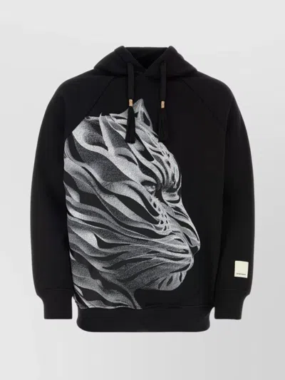 Emporio Armani Graphic Print Hooded Sweatshirt With Kangaroo Pocket In Black