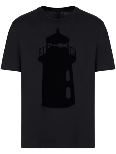 Emporio Armani Jersey T-shirt With Flocked Lighthouse Print And Logo In Black
