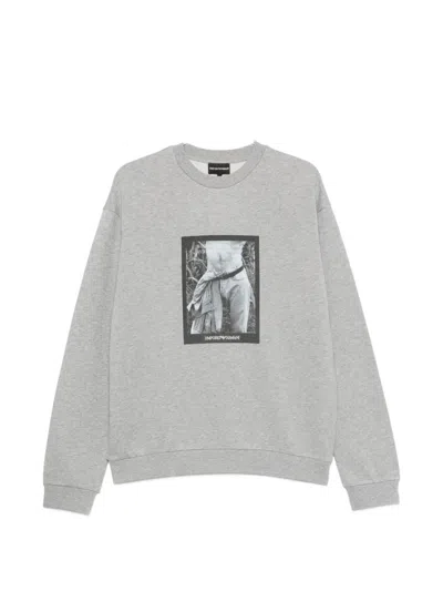 Emporio Armani Cotton Sweatshirt Crew Neck Graphic Print In White