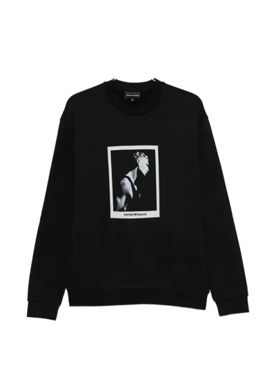 Emporio Armani Printed Cotton Crew Neck Sweatshirt In Black