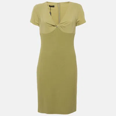 Pre-owned Emporio Armani Green Chiffon And Textured Knit Plunge Neck Mini Dress M