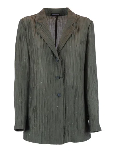 Emporio Armani Green Textured Crinkled Fabric Blazer In Gray