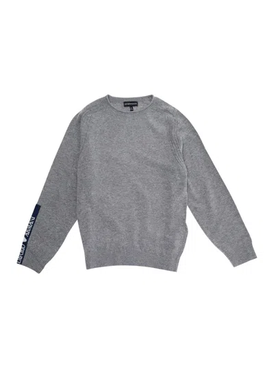 Emporio Armani Kids' Grey Crewneck Sweater With Logo Detail On The Sleeve And Ribbed Trims In Wool And Cotton Blend Boy In Gray