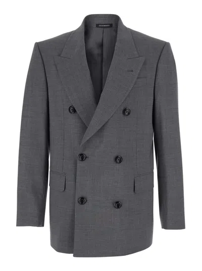 Emporio Armani Grey Double-breasted Jacket With Peak Lapels In Wool Man In Gray