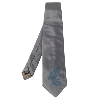 Emporio Armani Grey Floral Detail Silk Traditional Tie In Yellow