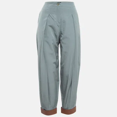 Pre-owned Emporio Armani Grey Leather Trim Crepe High Waist Pants M