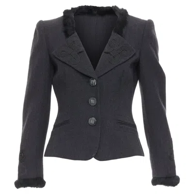 Emporio Armani Grey Virgin Wool Fur Trim Totem Applique Crop Blazer It42 M In Gray