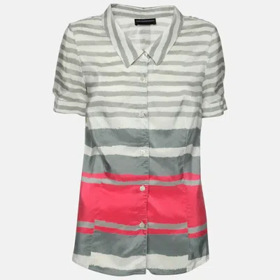 Pre-owned Emporio Armani Grey/pink Striped Silk Top M