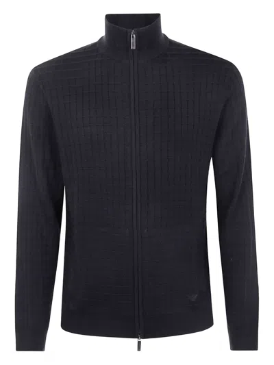 EMPORIO ARMANI GRID-PATTERN ZIP-UP CARDIGAN