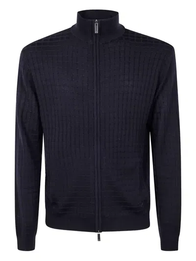 Emporio Armani Grid-pattern Zip-up Cardigan In Blue