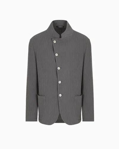 Emporio Armani Guru-collar Jacket With Off-centre Fastening In Bark-effect Armure Fabric In Gray