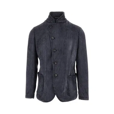 Emporio Armani Guru Collar Printed Corduroy Jacket In Blue