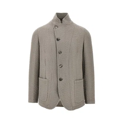 Emporio Armani Guru Collar Wool Blend Jacket In Gray