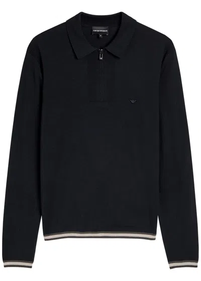 Emporio Armani Half-zip Wool-blend Polo Shirt In Black